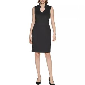 NWT Calvin Klein Black Scuba Sleeveless V Neck Ruffle Collar Sheath Dress SZ 10